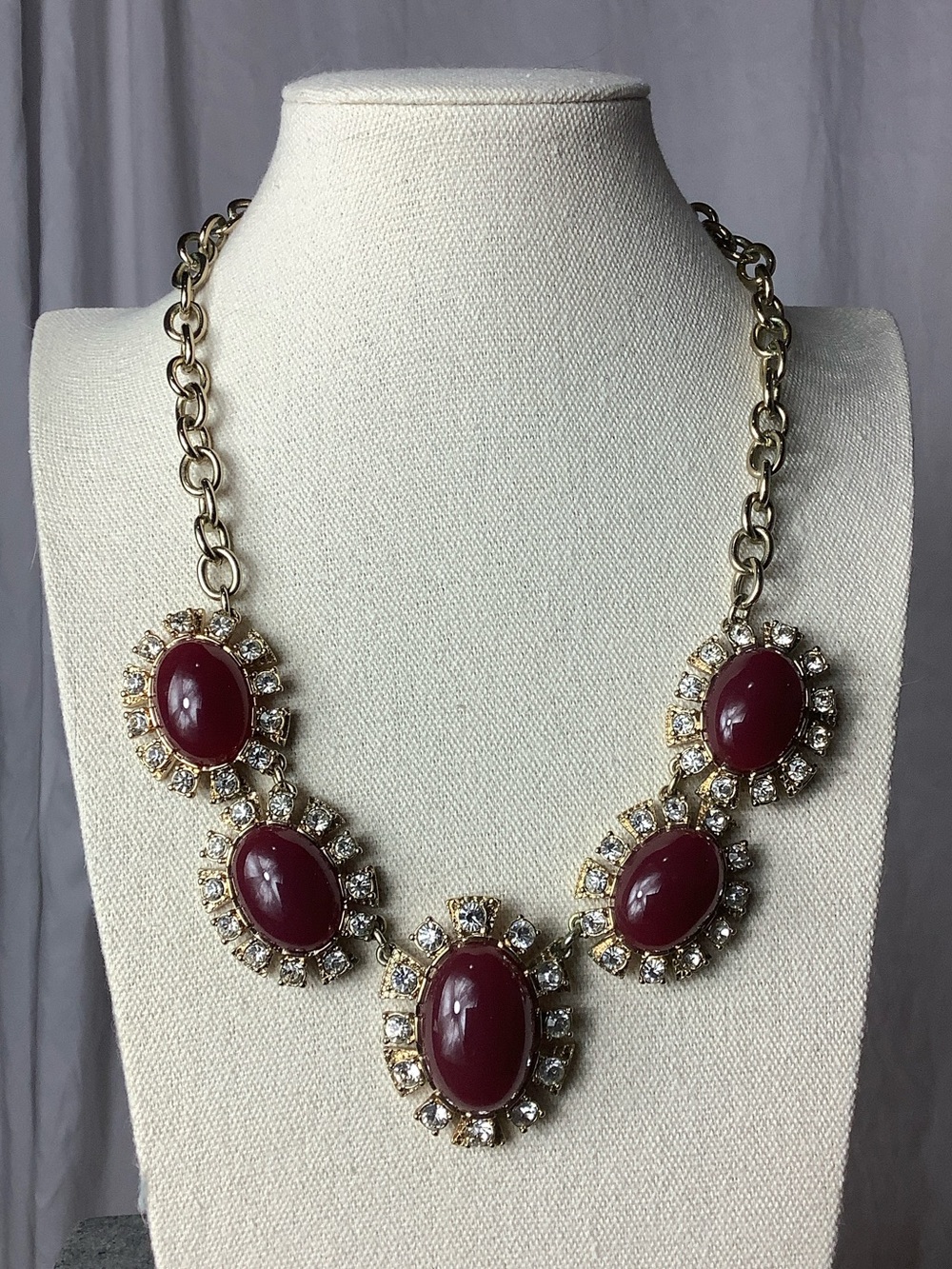 Talbots Gold-Tone Necklace with Deep Burgundy Cabochons and Crystal Accents